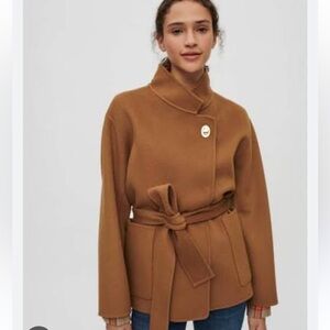 NWT Maje Smooth Double-Faced Jacket With Belt Tan Wool Coat Size 36